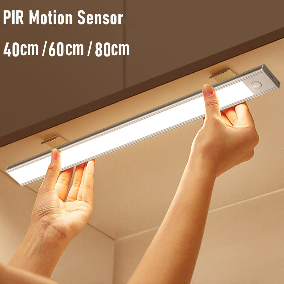 40-60-80cm LED PIR Motion Sensor Strip Light USB Rechargeable Cabinet Closet Lamp
