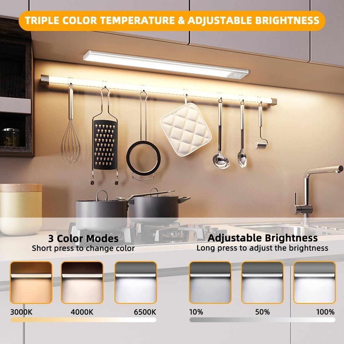 40-60-80cm LED PIR Motion Sensor Strip Light USB Rechargeable Cabinet Closet Lamp