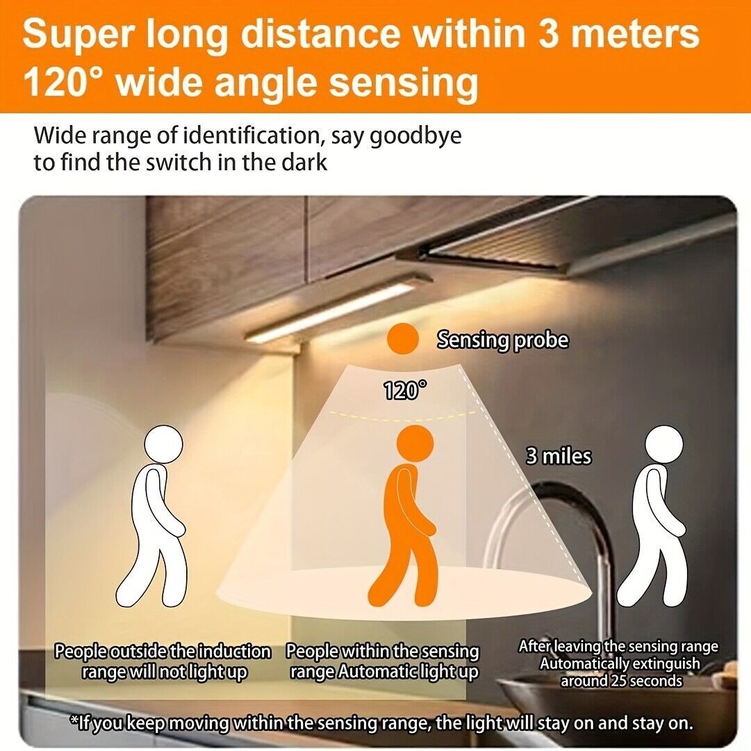 40-60-80cm LED PIR Motion Sensor Strip Light USB Rechargeable Cabinet Closet Lamp