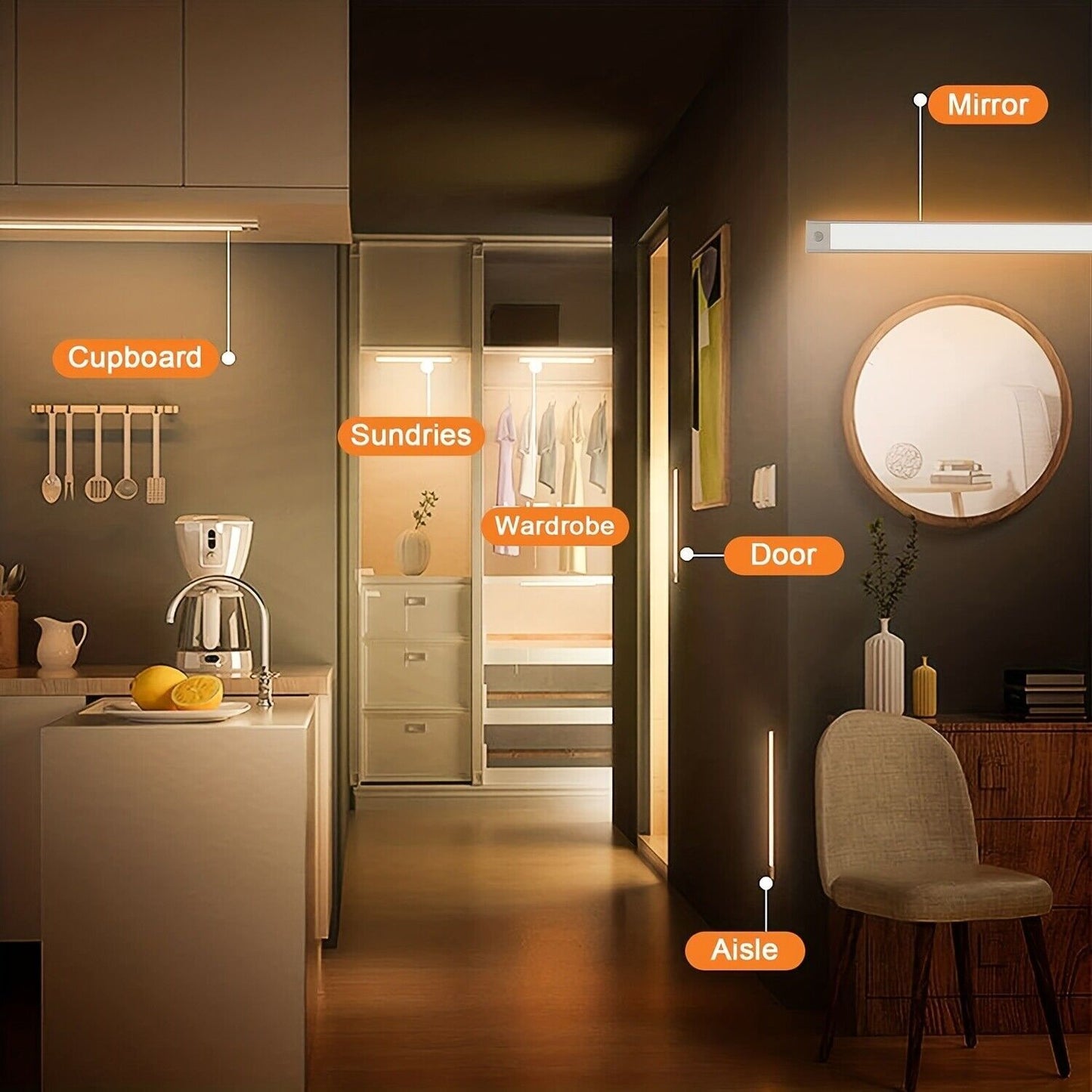 40-60-80cm LED PIR Motion Sensor Strip Light USB Rechargeable Cabinet Closet Lamp