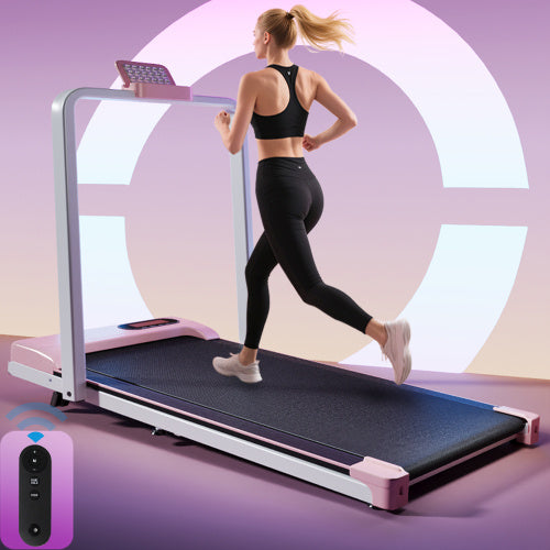 Folding Treadmill With Handrail & Adjustable Incline, 1-10 Km H Running Machine, Space Saving Low Noise Design, LED Display, Phone Holder, Remote Control, Transport Wheels Plug, Pink.
