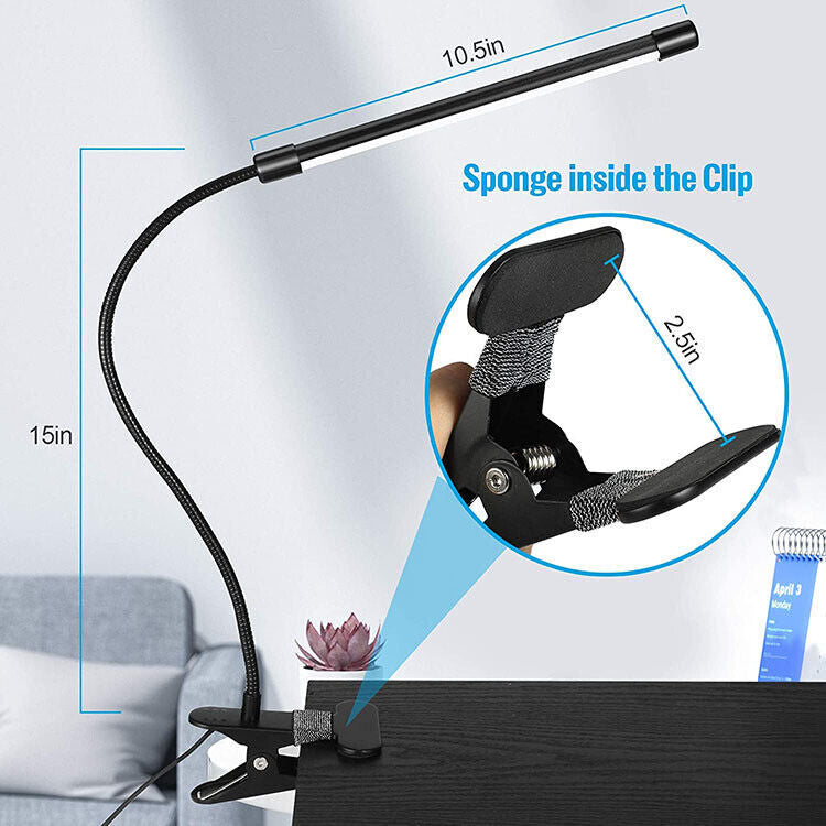 USB Clip On Desk Lamp Flexible Clamp Reading Light LED Bed Table Bedside Night