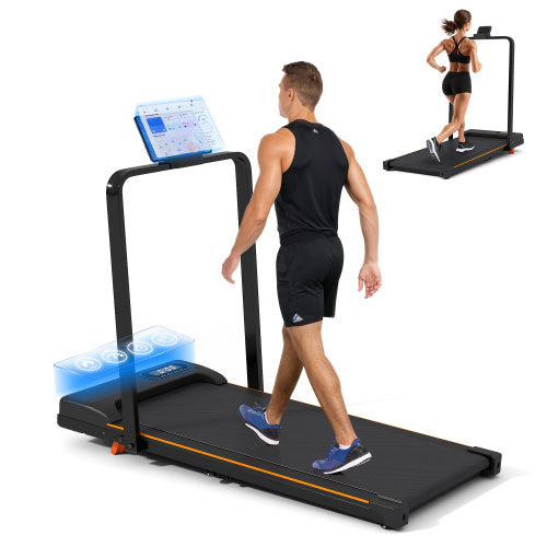 Folding Treadmill With Handrail & Adjustable Incline, 1-10 Km H Running Machine, Space Saving Low Noise Design, LED Display, Phone Holder, Remote Control, Transport Wheels Plug, Pink.