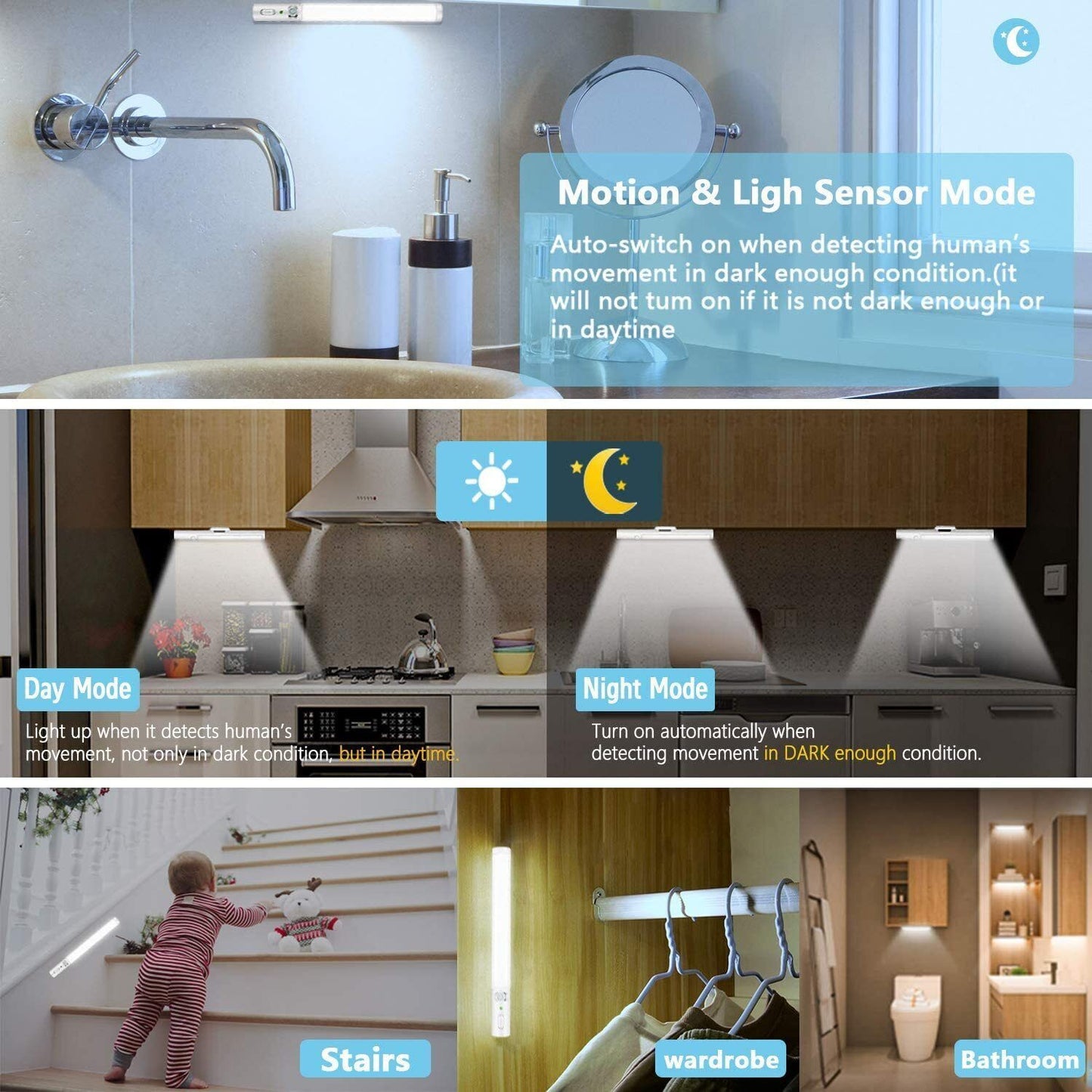 Strip Light LED PIR Motion Sensor USB Rechargeable Magnetic Cabinet Closet Lamp